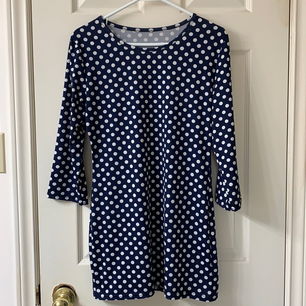 🌷3 for $25🌷Unbranded, US M, Blue & White Polka Dot 3/4 Sleeve Mini Tunic Dress